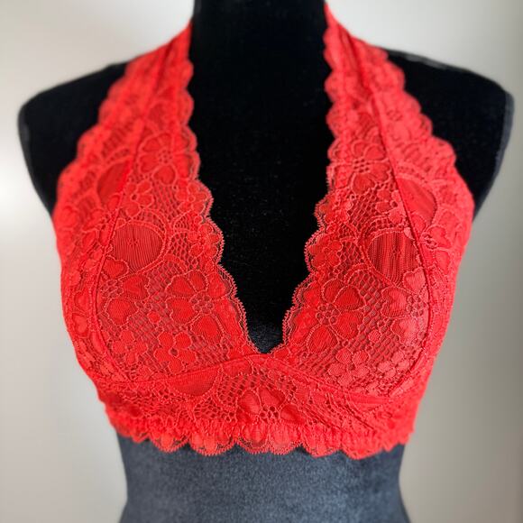 Intimately Free People Bralette Medium Red Lace Plunge Halter Longline Stretch - Picture 12 of 14